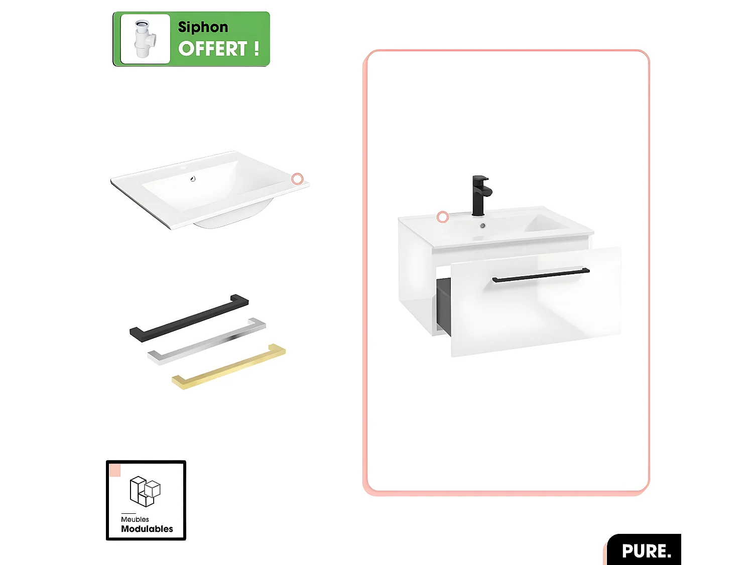 Ensemble meuble sous vasque avec vasque - Siphon OFFERT | PURE | Blanc | 60 × 30 × 45