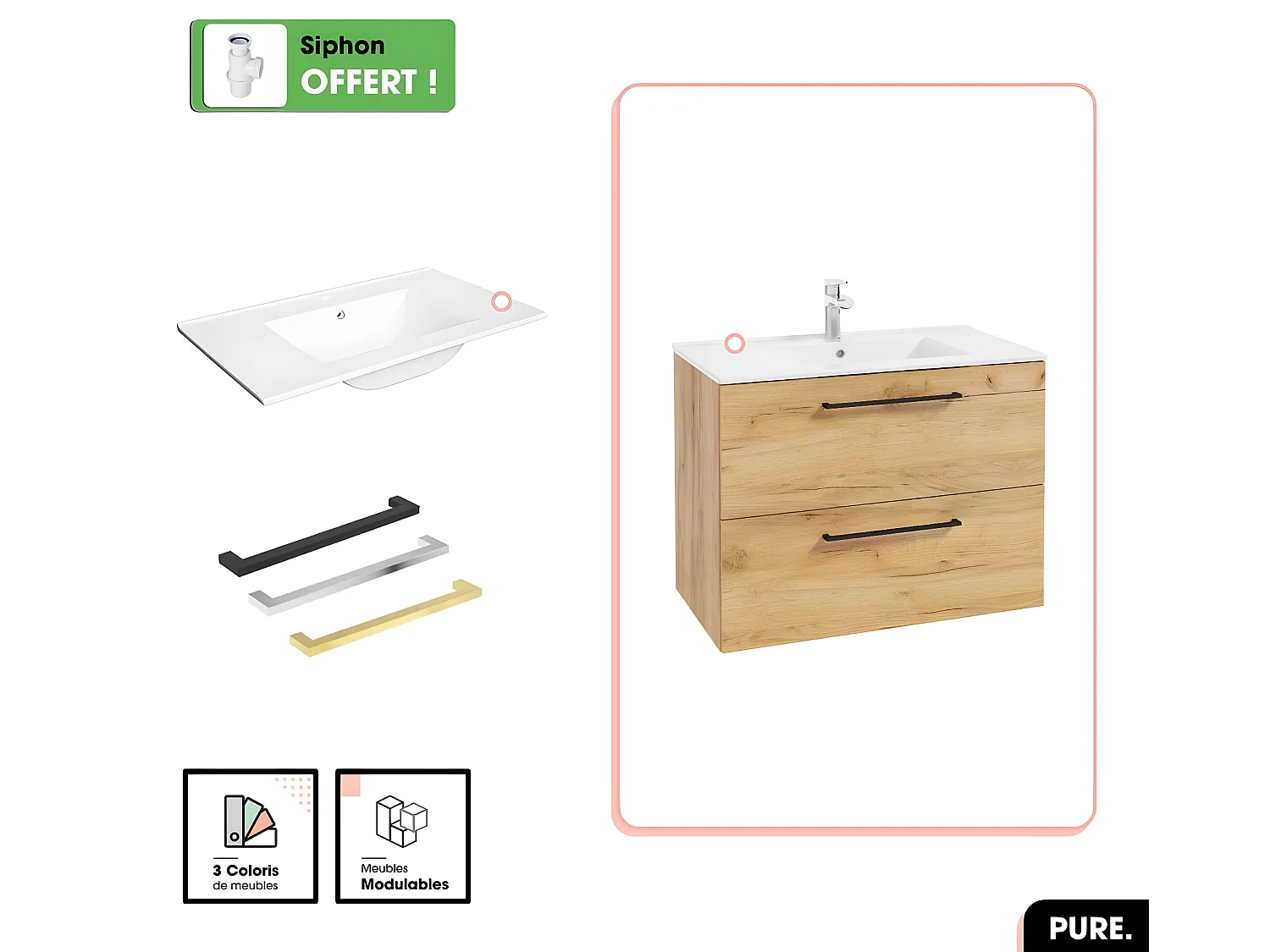 Ensemble meuble sous vasque avec vasque - Siphon OFFERT | PURE | Oak | 80 × 60 × 45