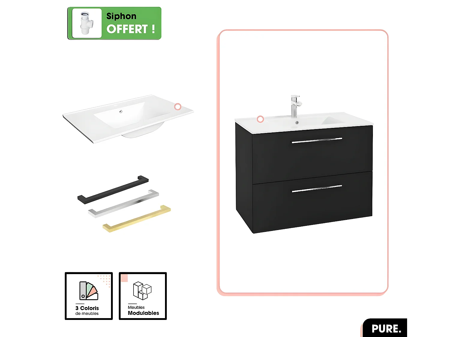 Ensemble meuble sous vasque avec vasque - Siphon OFFERT | PURE | Noir | 80 × 60 × 45