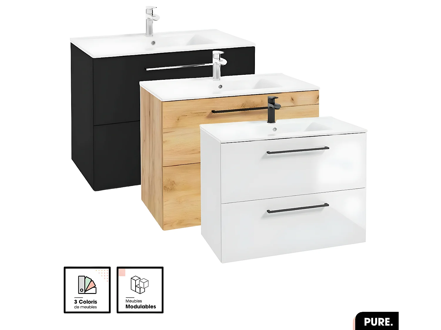 Ensemble meuble sous vasque avec vasque - Siphon OFFERT | PURE | Noir | 80 × 60 × 45