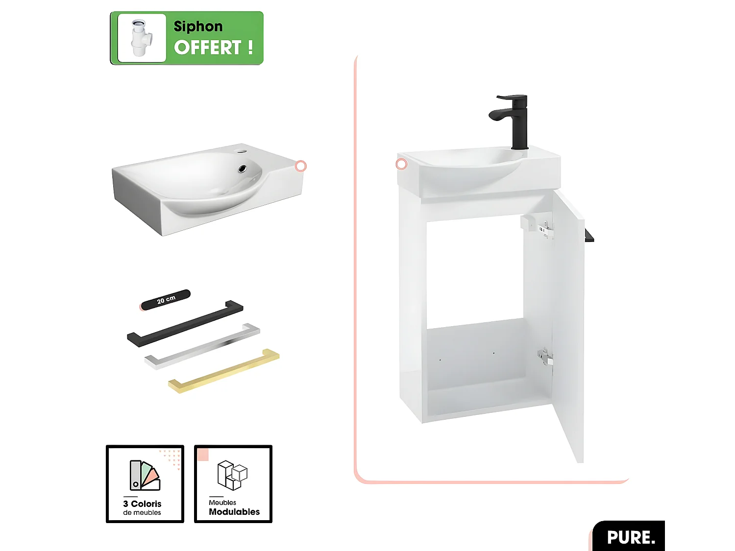 Meuble lave-mains avec vasque - Siphon OFFERT | PURE | Blanc | 39 × 60 × 22