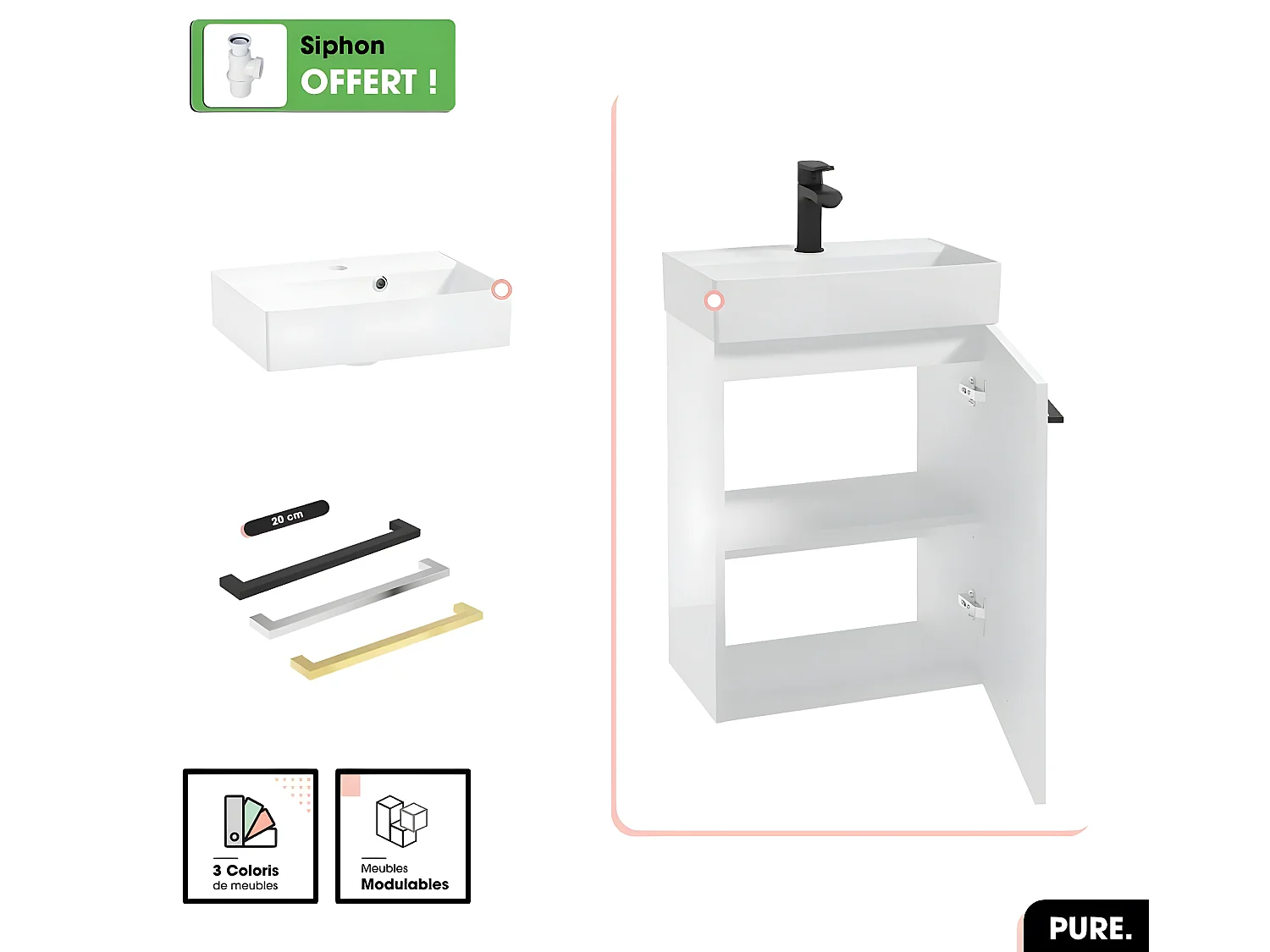 Meuble lave-mains avec vasque - Siphon OFFERT | PURE | Blanc | 47 × 60 × 30