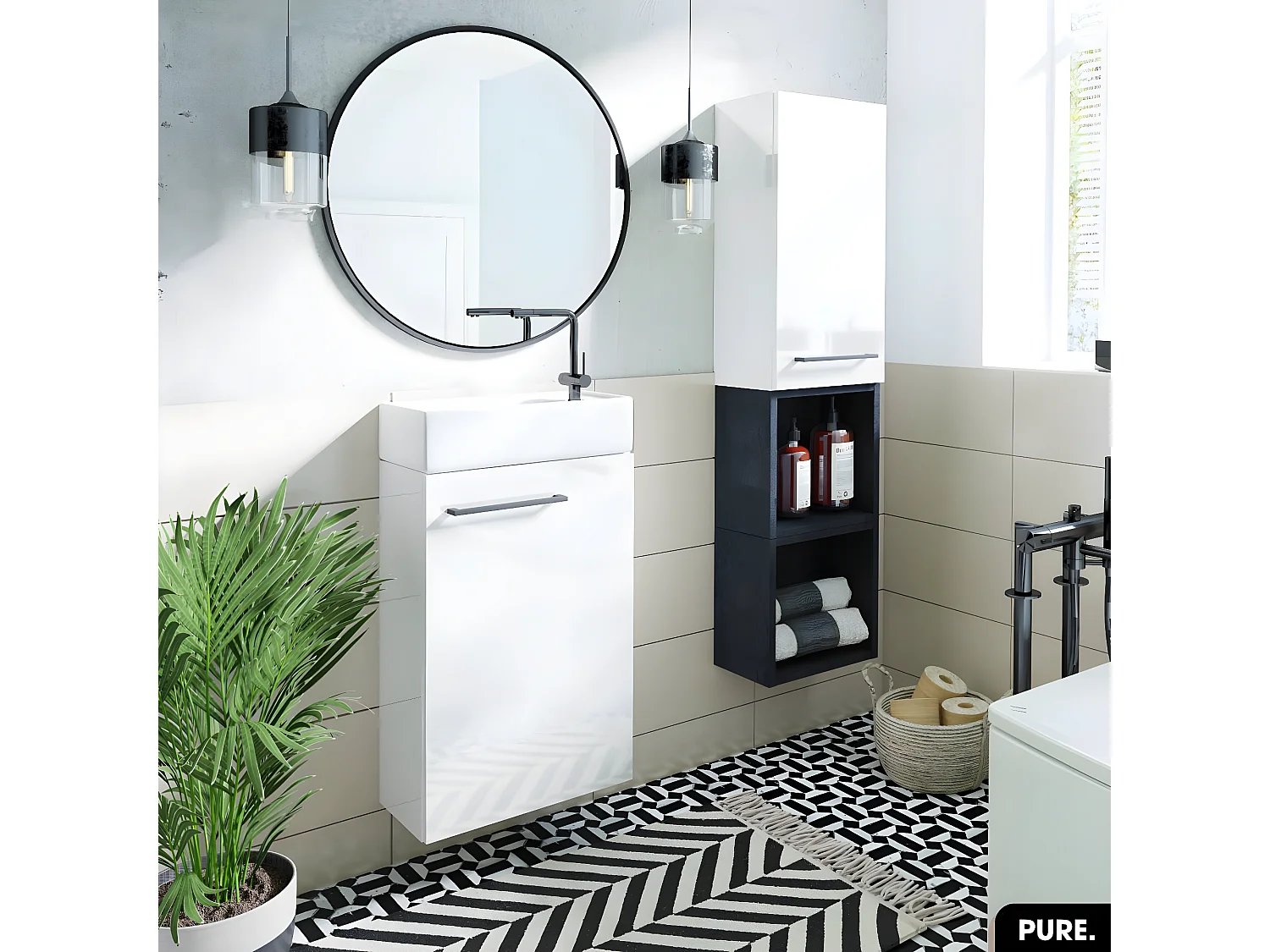 Meuble lave-mains avec vasque - Siphon OFFERT | PURE | Blanc | 47 × 60 × 30