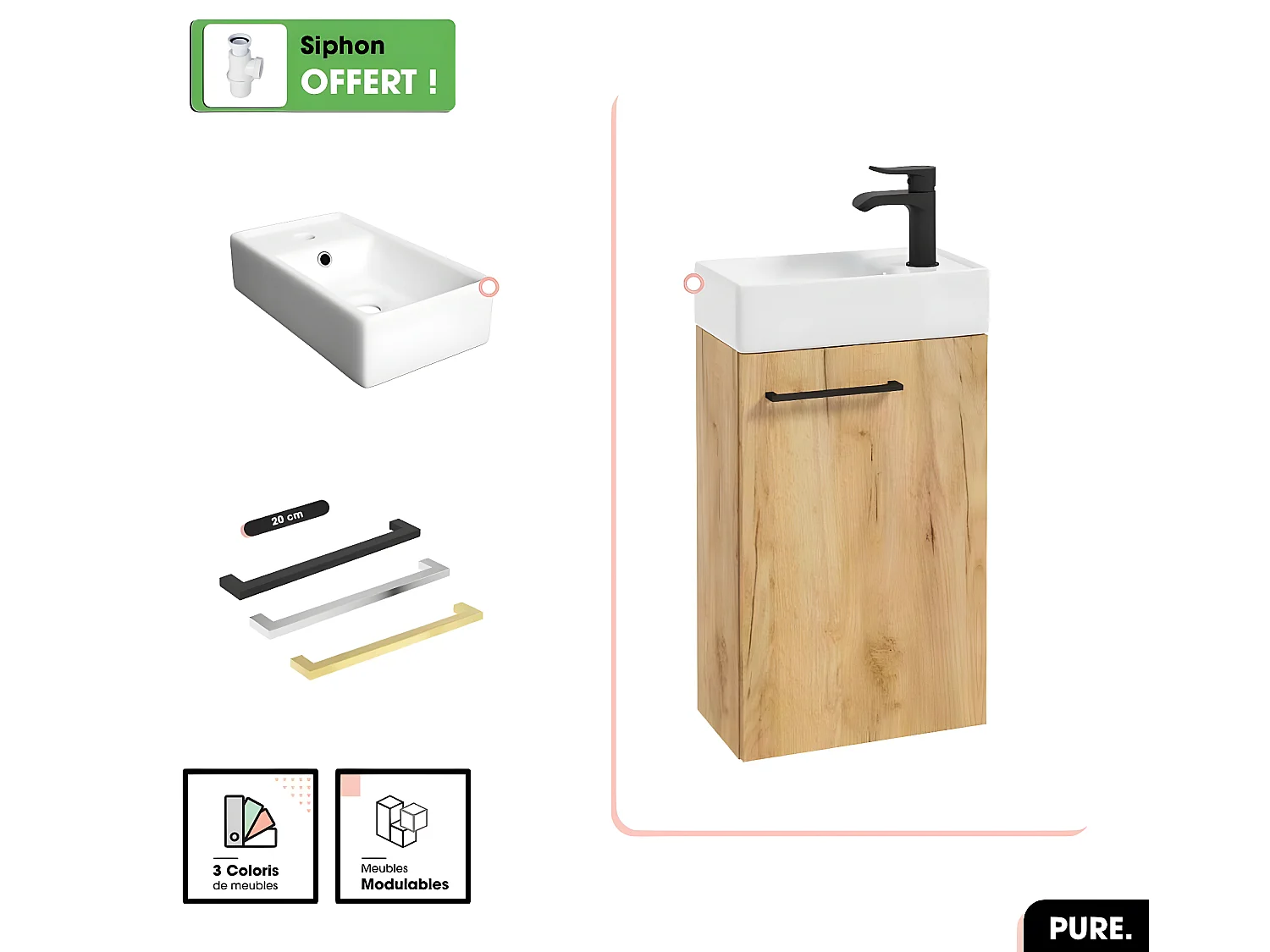 Meuble lave-mains avec vasque - Siphon OFFERT | PURE | Oak | 39 × 60 × 22