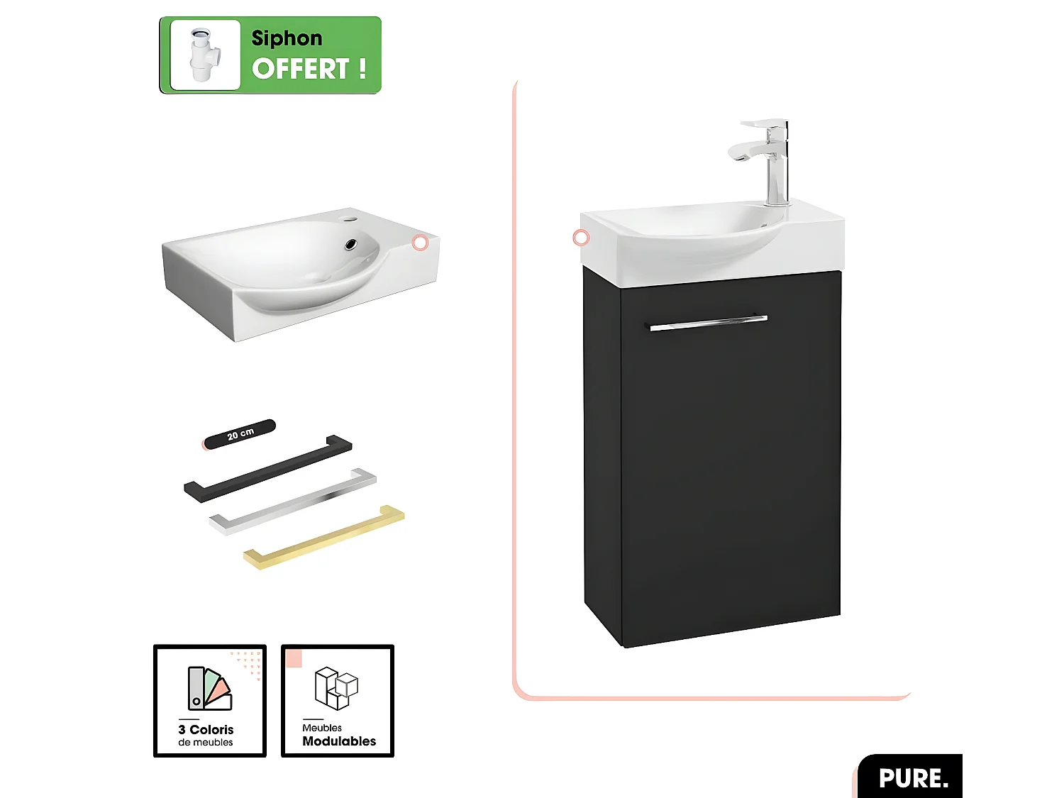 Meuble lave-mains avec vasque - Siphon OFFERT | PURE | Noir | 39 × 60 × 22