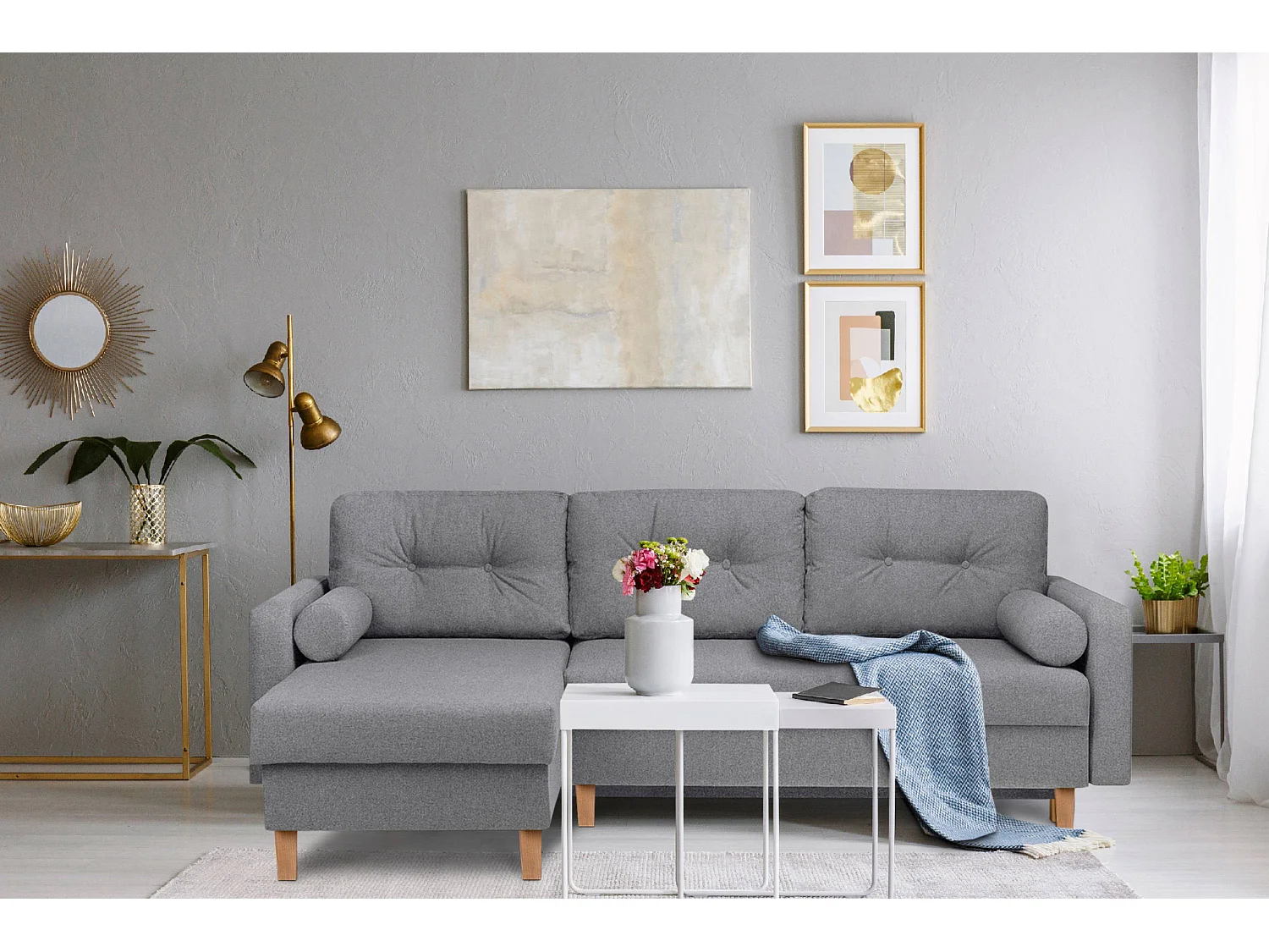 Canapé d'angle convertible universel avec ottomane ERISO - 3 places - Gris ardoise