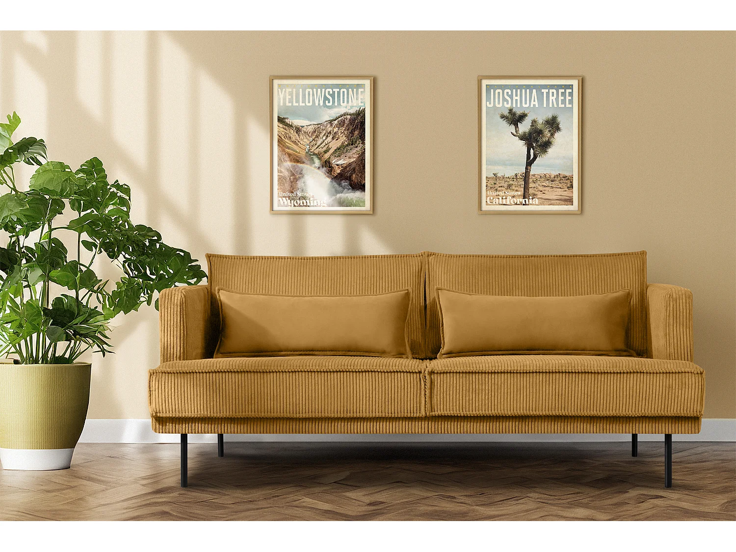 Loftsofa - Metallbeine - 2 Kissen inklusive - Velours - gelb - GANZO