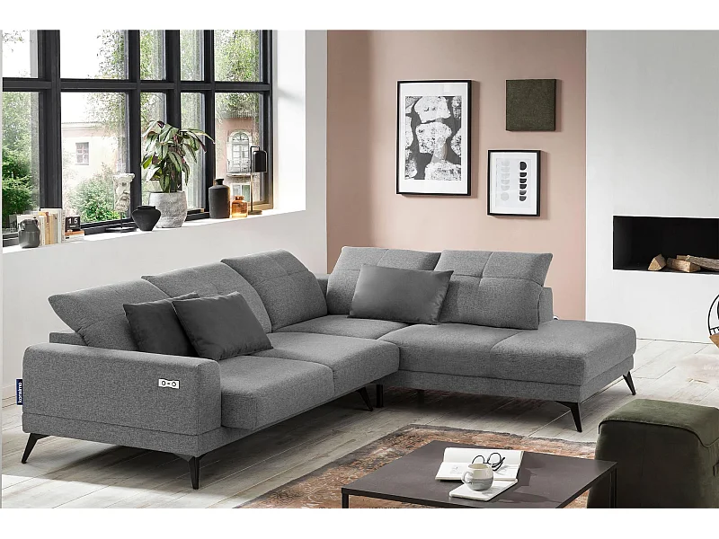 Canapé d'angle 4/5 places avec fonction électrique - vert. Fonction relax - gris - DAVIDI