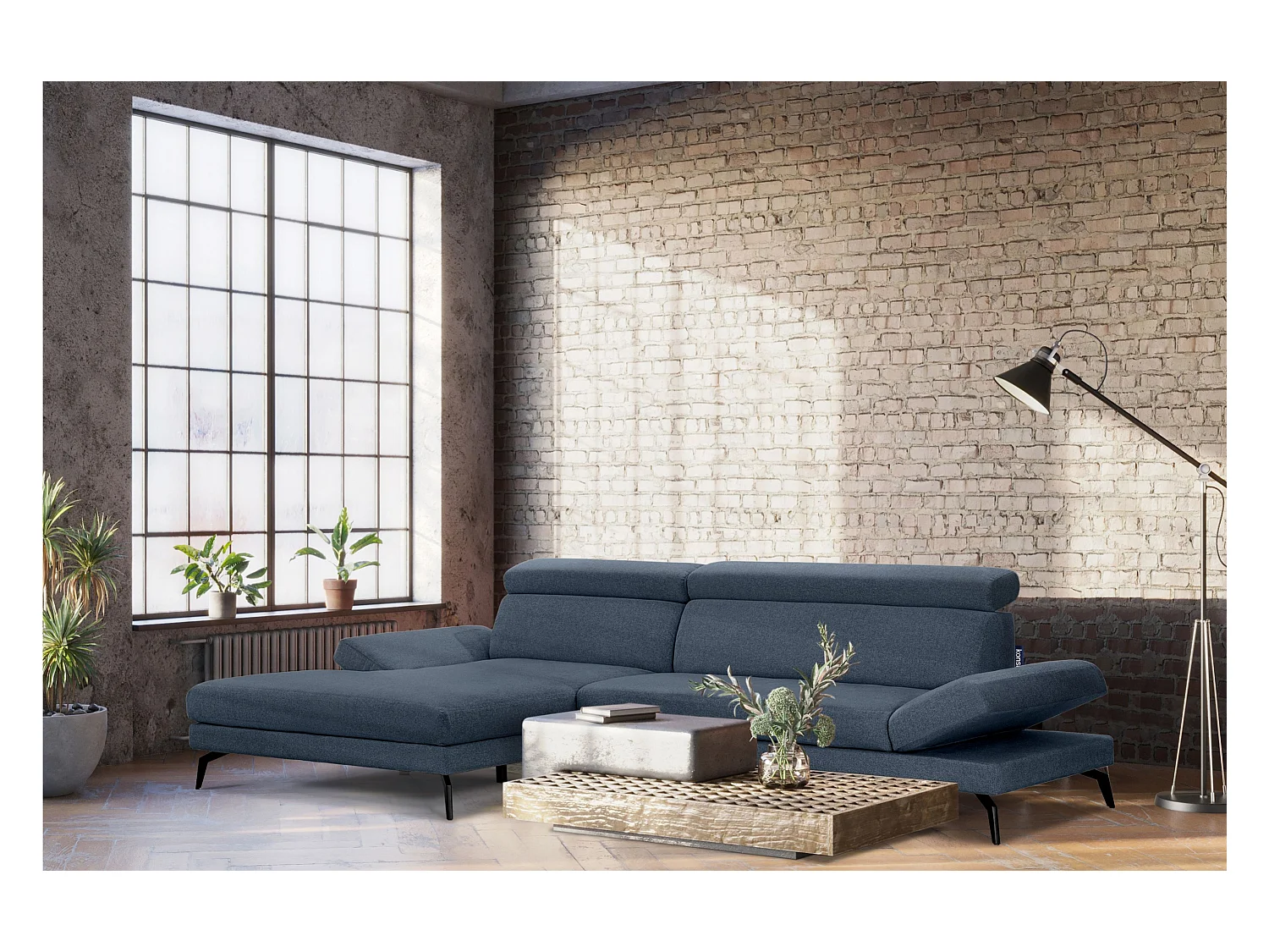 Canapé d'angle Moderne - 4 places - appuie-tête mobile - bleu - RENAR