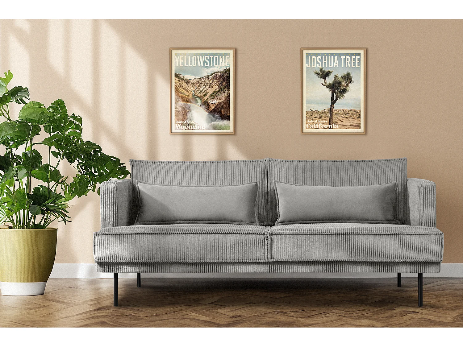 Loftsofa - Metallbeine - 2 Kissen inklusive - Velours - hellgrau - GANZO