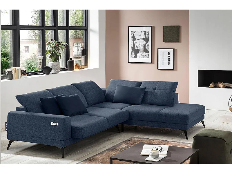 Eckgarnitur 4/5 Sitzer mit elek. Relaxfunktion - blau - DAVIDI