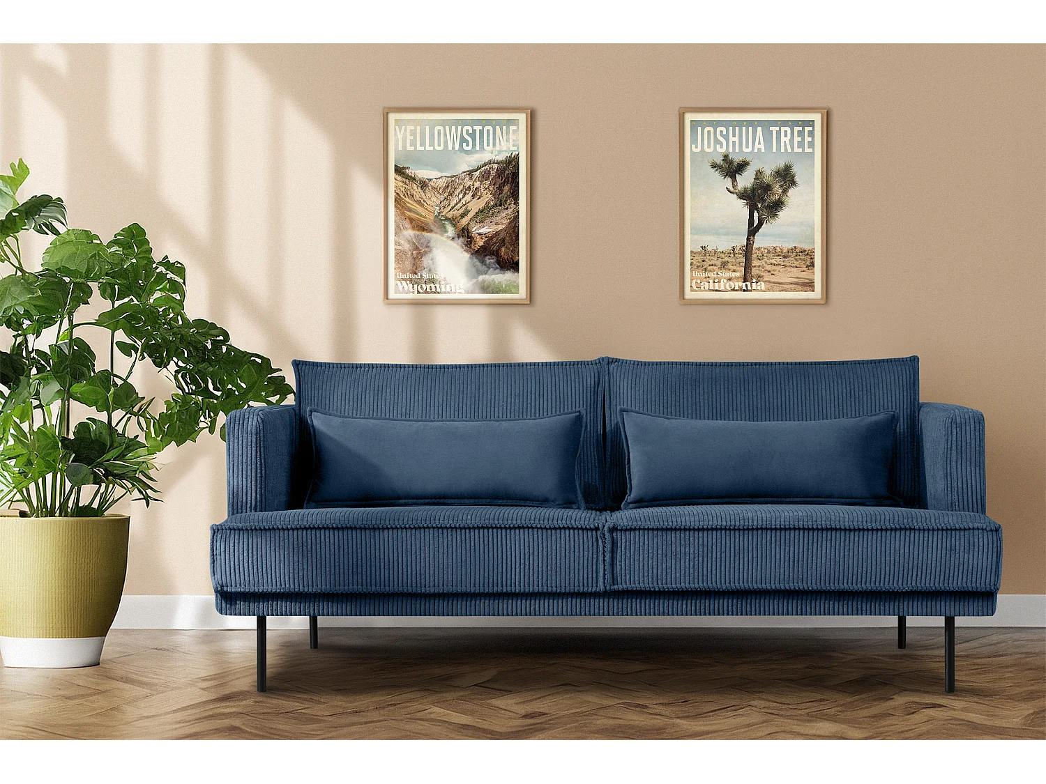 Loftsofa - Metallbeine - 2 Kissen inklusive - Velours - blau - GANZO