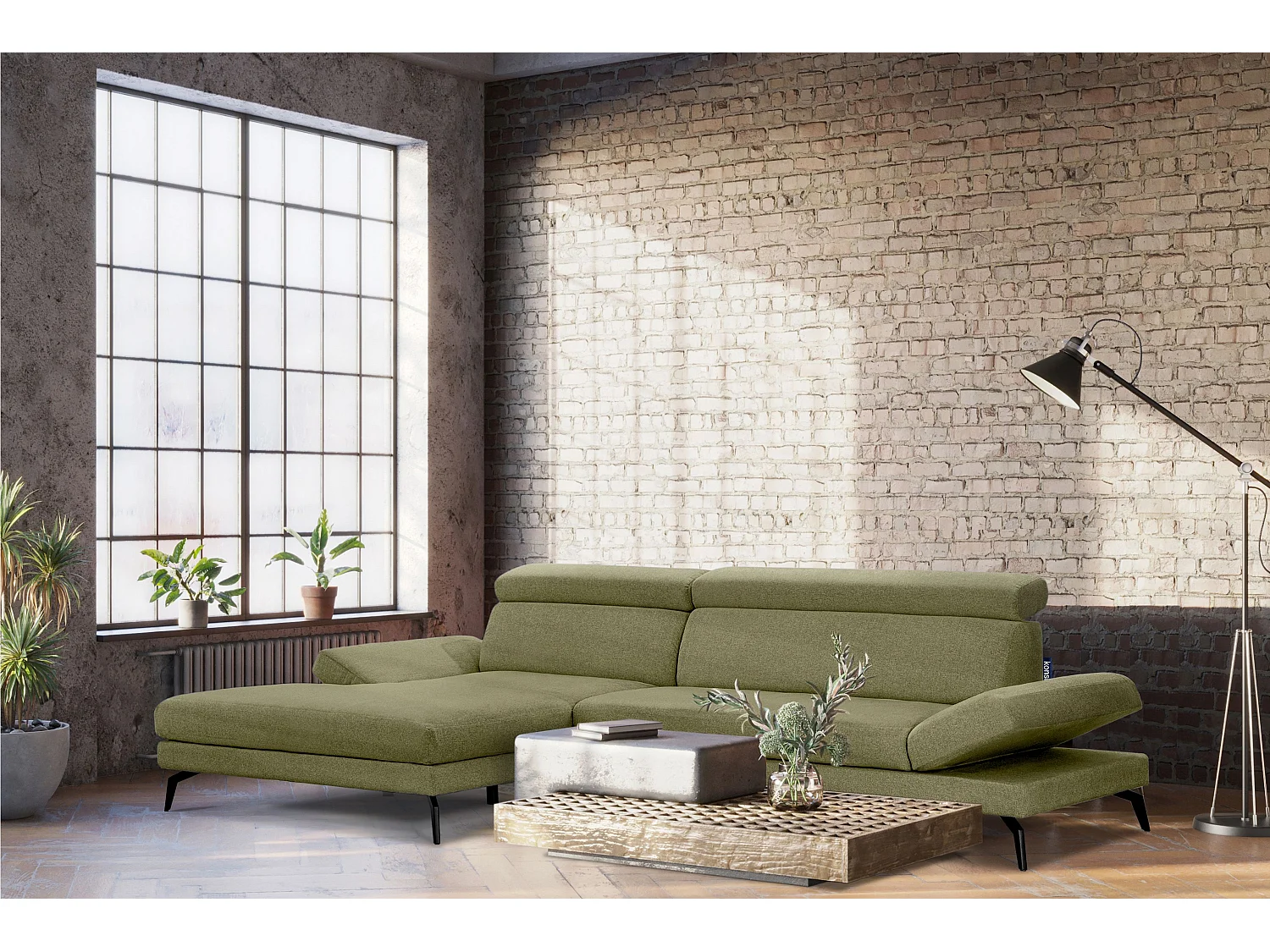 Ecksofa Modern - 4 Sitzer - bewegliche Kopfstütze - Grün - RENAR