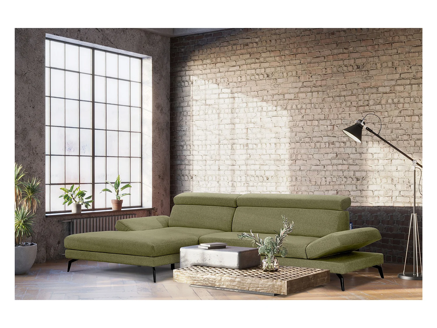 Canapé d'angle Moderne - 4 places - Appuie-tête mobile - Vert - RENAR