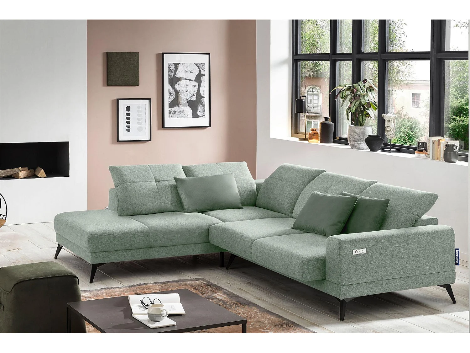 Eckgarnitur 4/5 Sitzer mit elek. Relaxfunktion - grün - DAVIDI