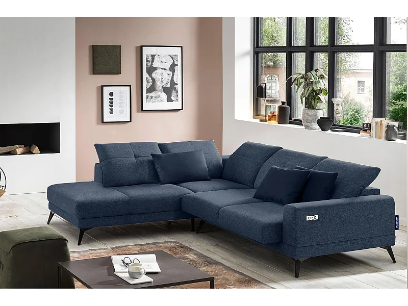 Eckgarnitur 4/5 Sitzer mit elek. Relaxfunktion - blau - DAVIDI