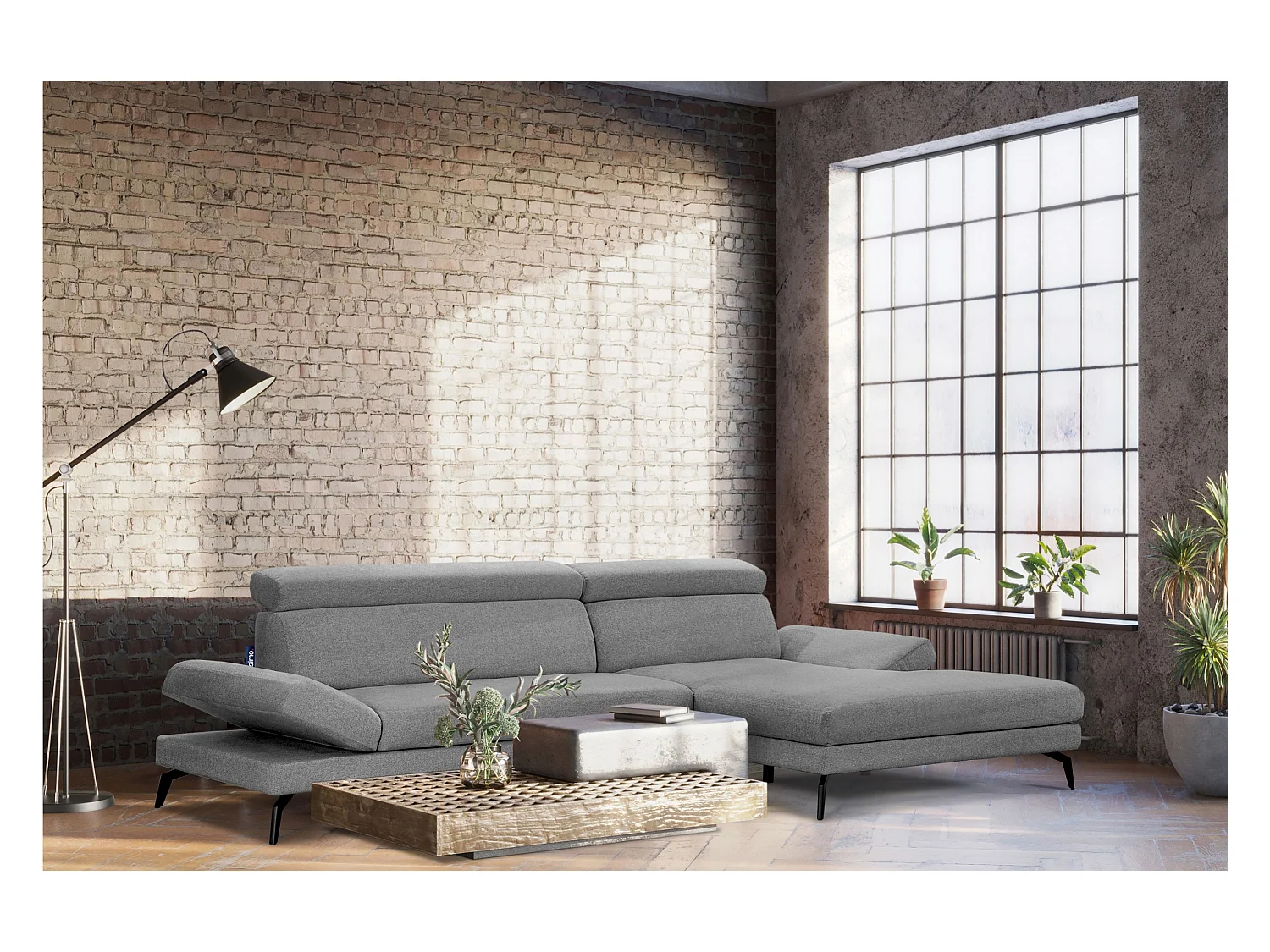 Canapé d'angle Contemporain - 4 places - appuie-tête mobile - gris - RENAR