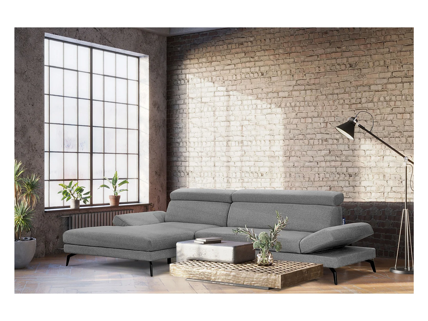 Canapé d'angle Contemporain - 4 places - appuie-tête mobile - gris - RENAR