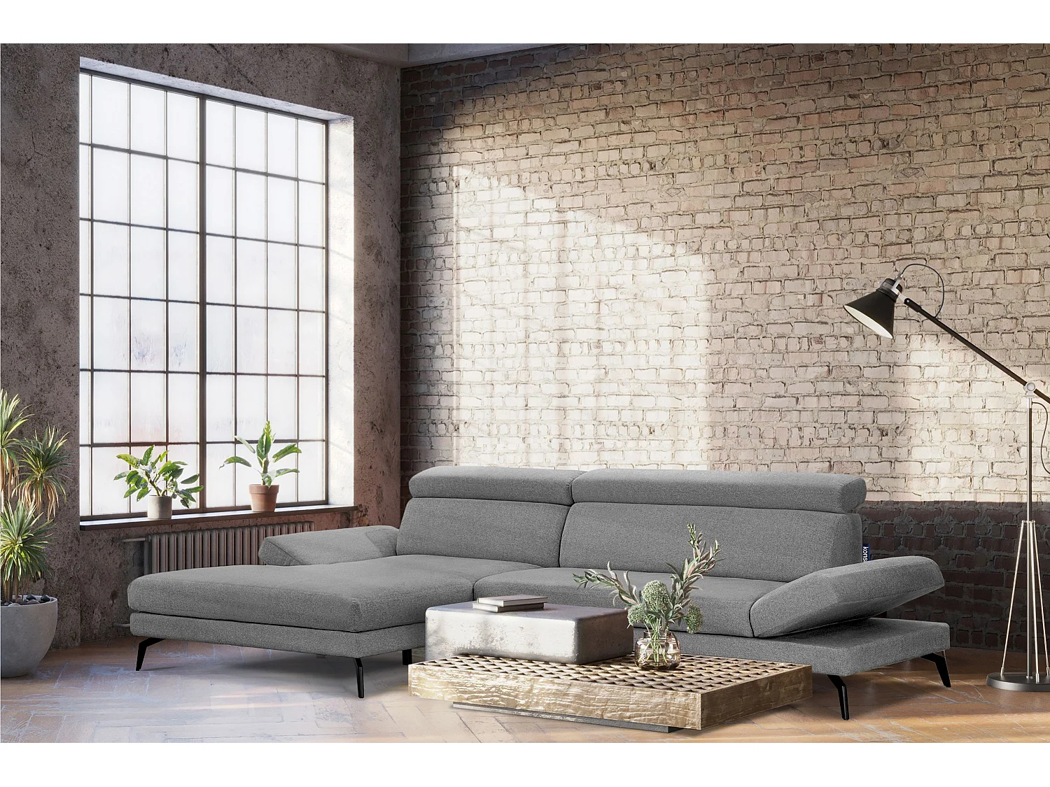 Canapé d'angle Contemporain - 4 places - appuie-tête mobile - gris - RENAR