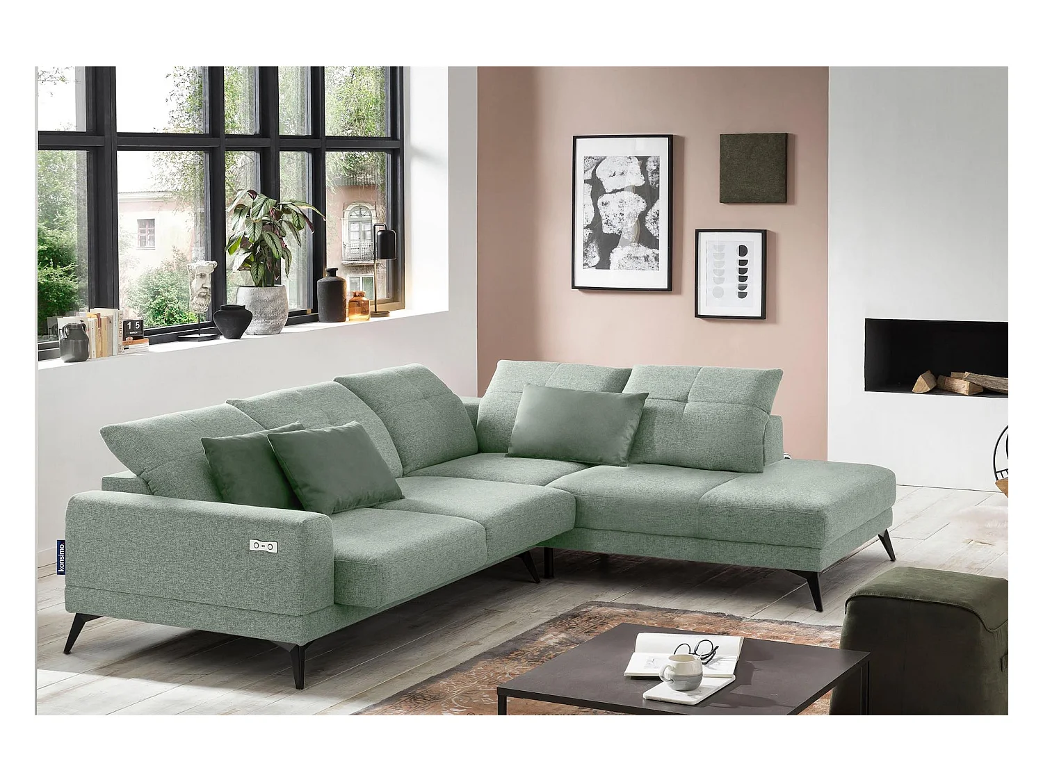 Canapé d'angle 4/5 places avec fonction électrique - vert. Fonction relax - vert - DAVIDI