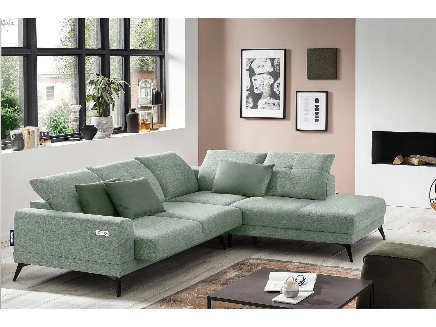 Canapé d'angle 4/5 places avec fonction électrique - vert. Fonction relax - vert - DAVIDI