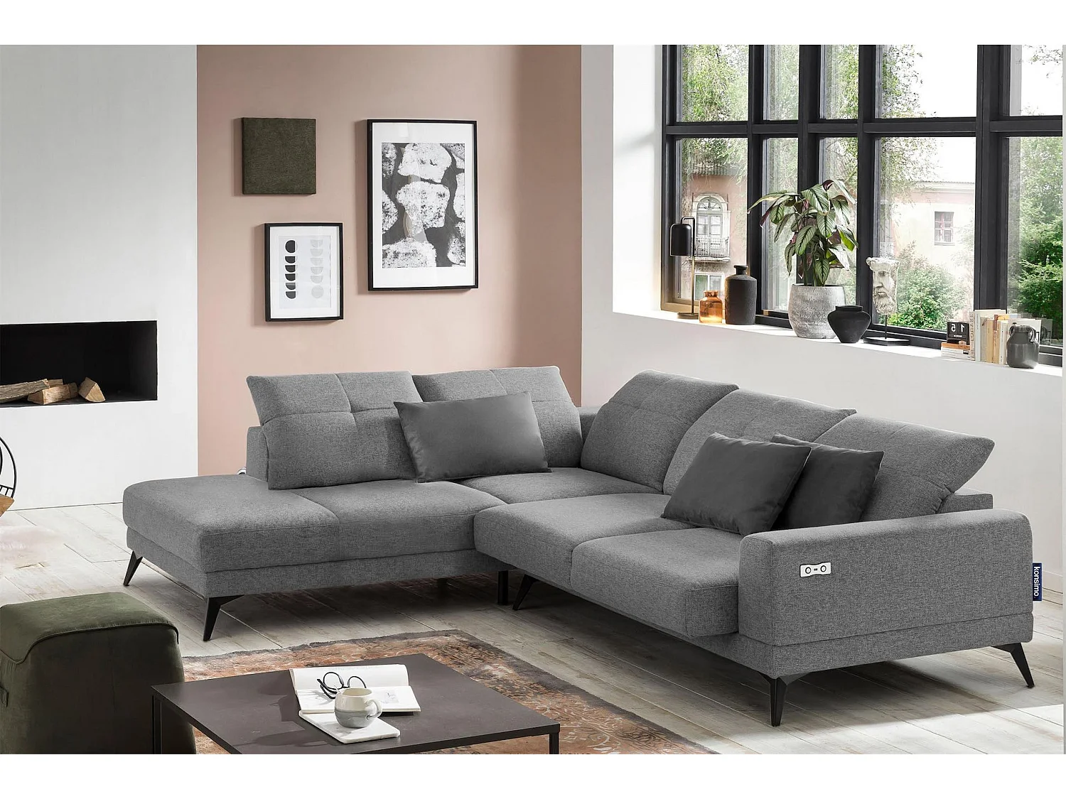 Eckgarnitur 4/5 Sitzer mit elek. Relaxfunktion - grau - DAVIDI