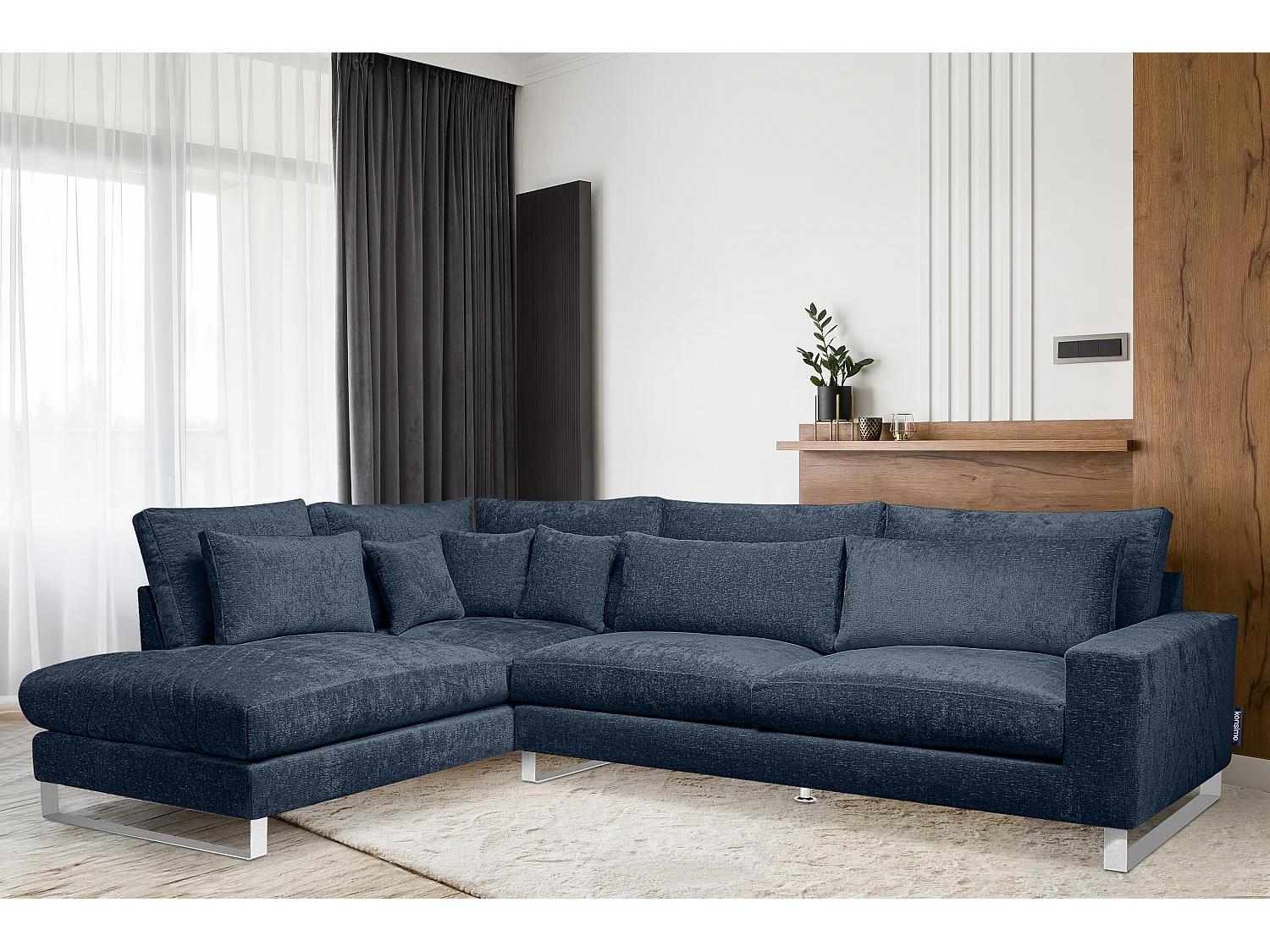 Canapé d'angle confortable 4/5 places gauche avec revêtement chenille - bleu foncé - BRENTIS