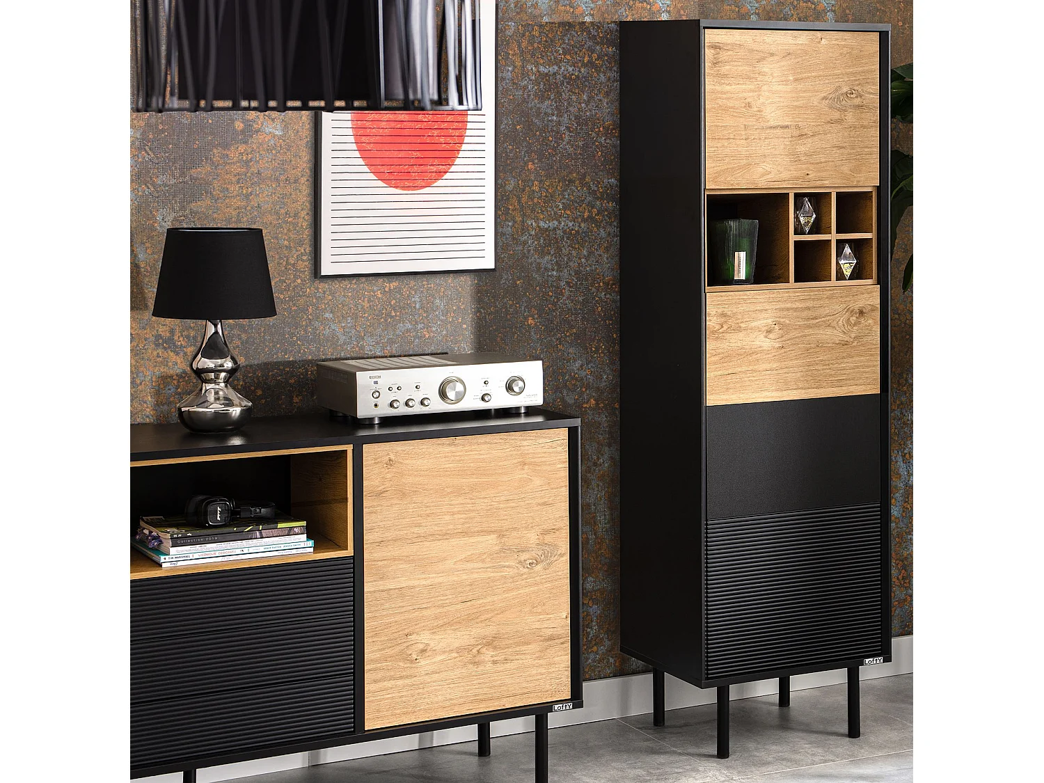 Regal Kreuzeinlage - schwarz - Eiche natur - LOFTY