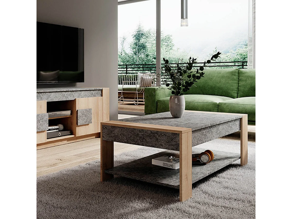 FANNY - Table Basse Rectangulaire Aspect Bois et Pierre