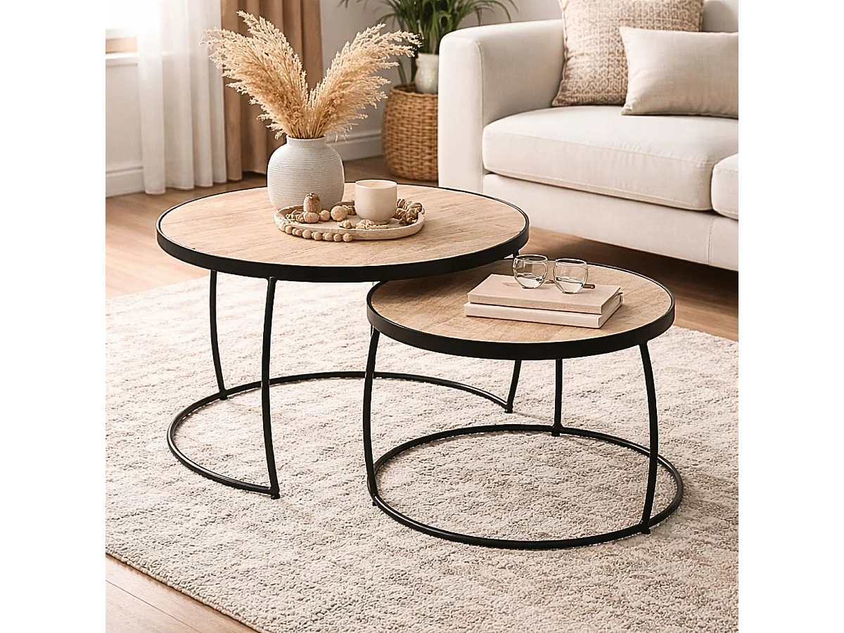 GIZEM - Lot de 2 Tables Basses Gigognes Métal et Bois