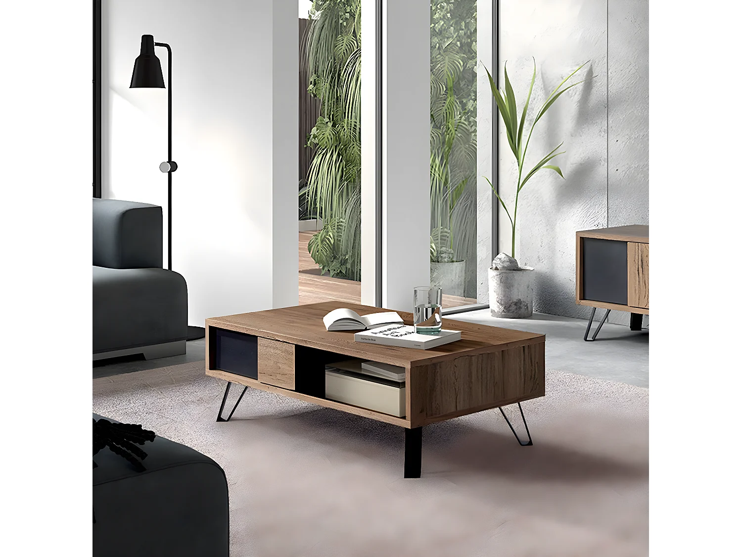 CARSON - Table Basse 1 Tiroir Effet Bois Naturel et Noir