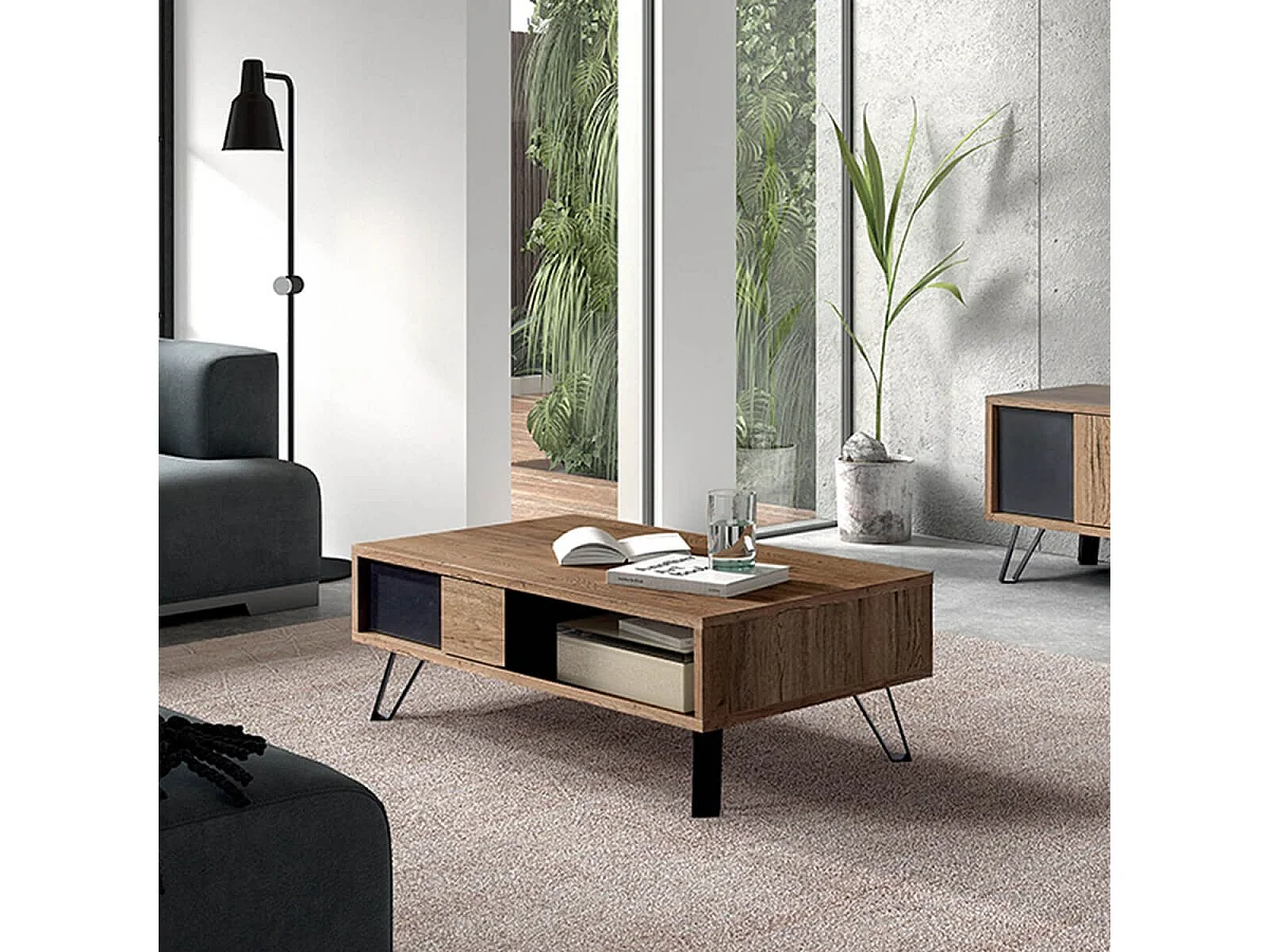 CARSON - Table Basse 1 Tiroir Effet Bois Naturel et Noir