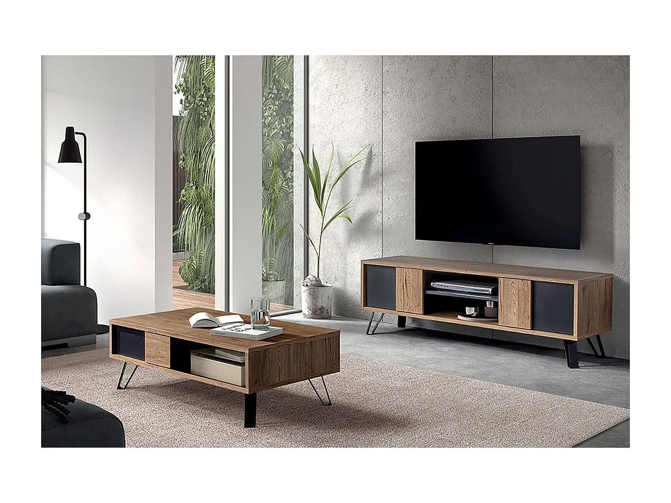 CARSON - Table Basse 1 Tiroir Effet Bois Naturel et Noir