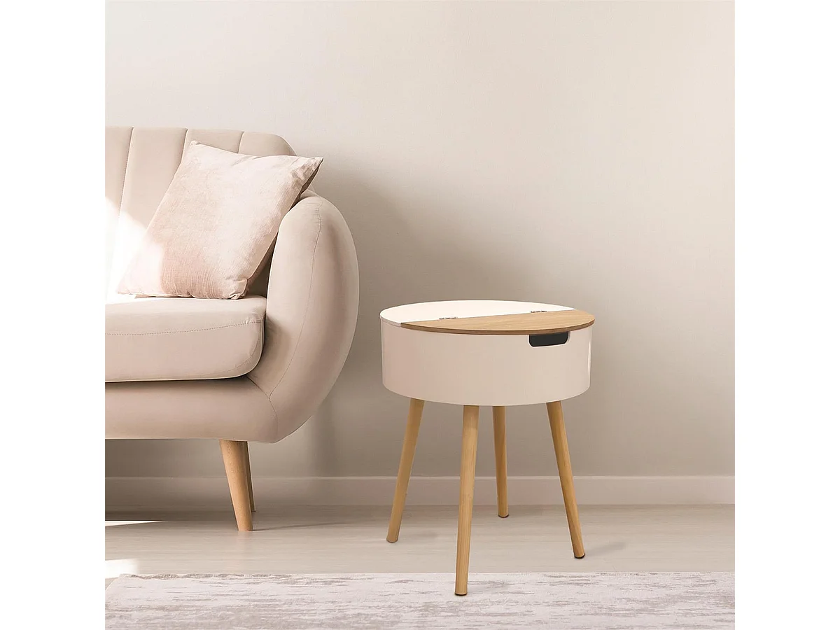 ROFIA - Table Basse Ronde Blanche avec Coffre