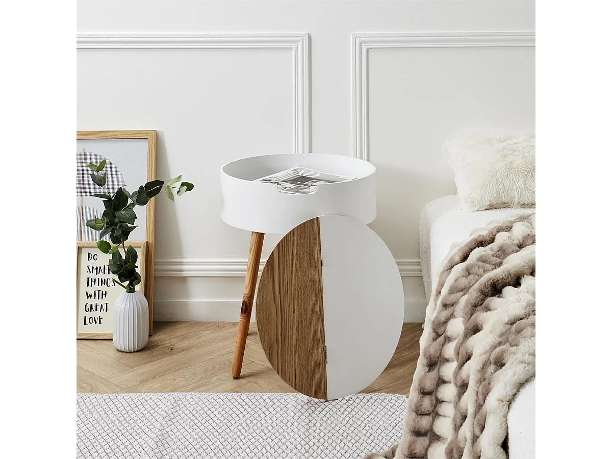 ROFIA - Table Basse Ronde Blanche avec Coffre