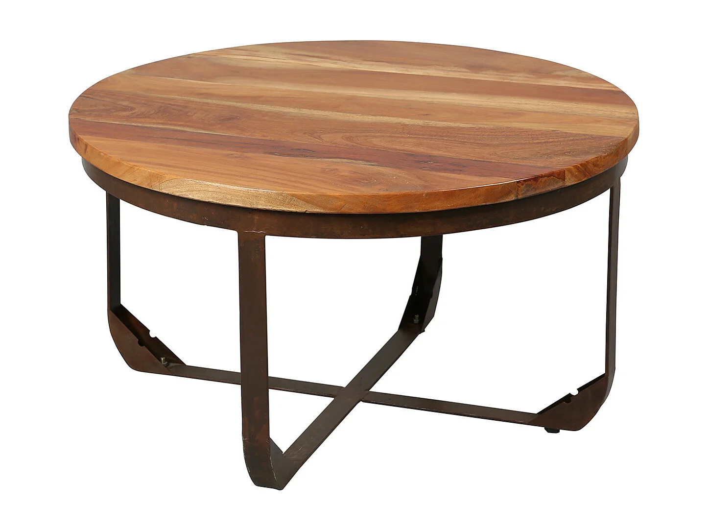 THARA - Table Basse Ronde Plateau en Bois de Recyclé et Pied en Acier