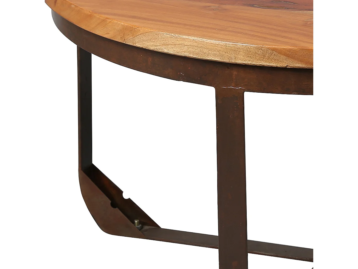 THARA - Table Basse Ronde Plateau en Bois de Recyclé et Pied en Acier