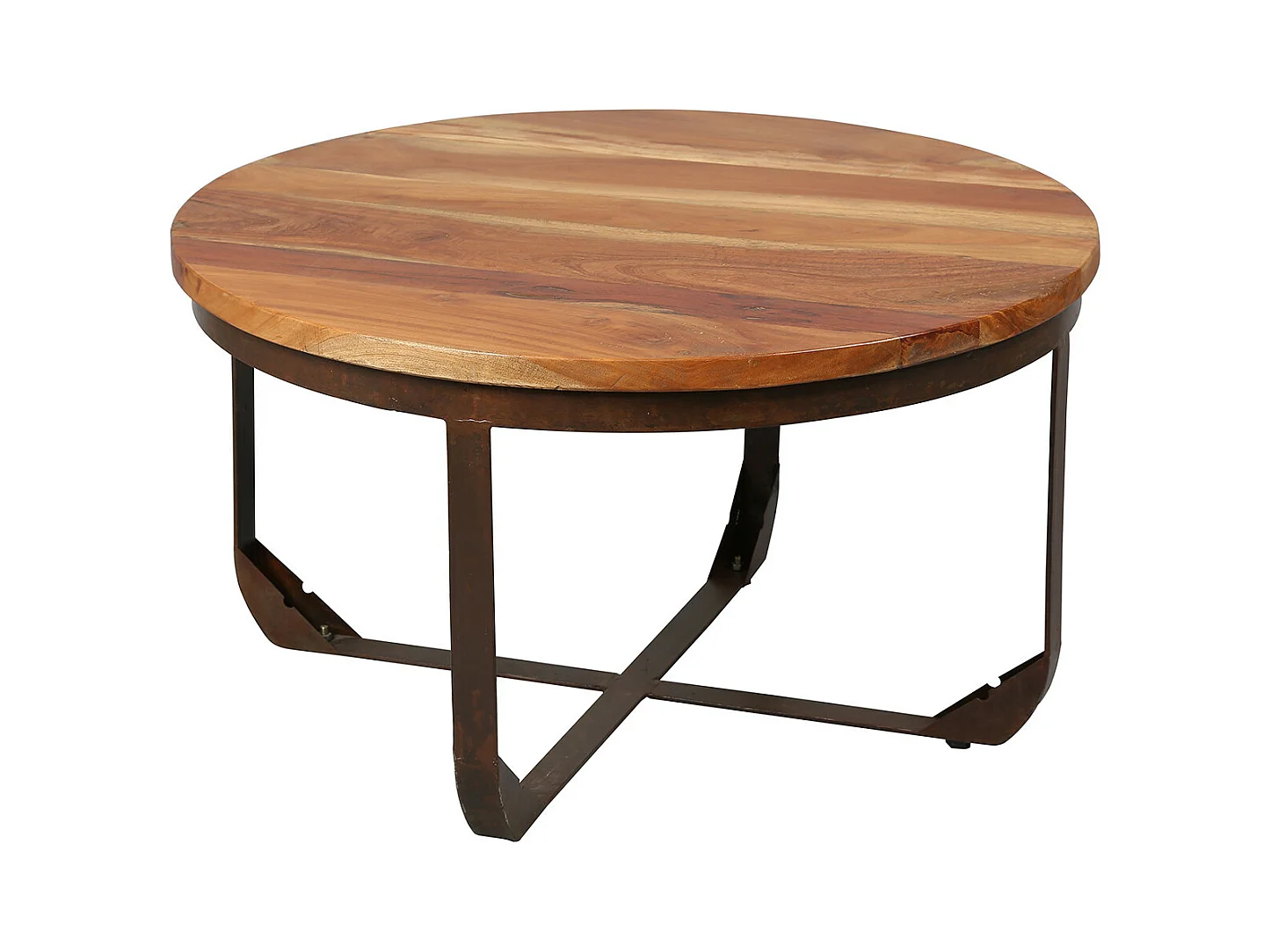 THARA - Table Basse Ronde Plateau en Bois de Recyclé et Pied en Acier