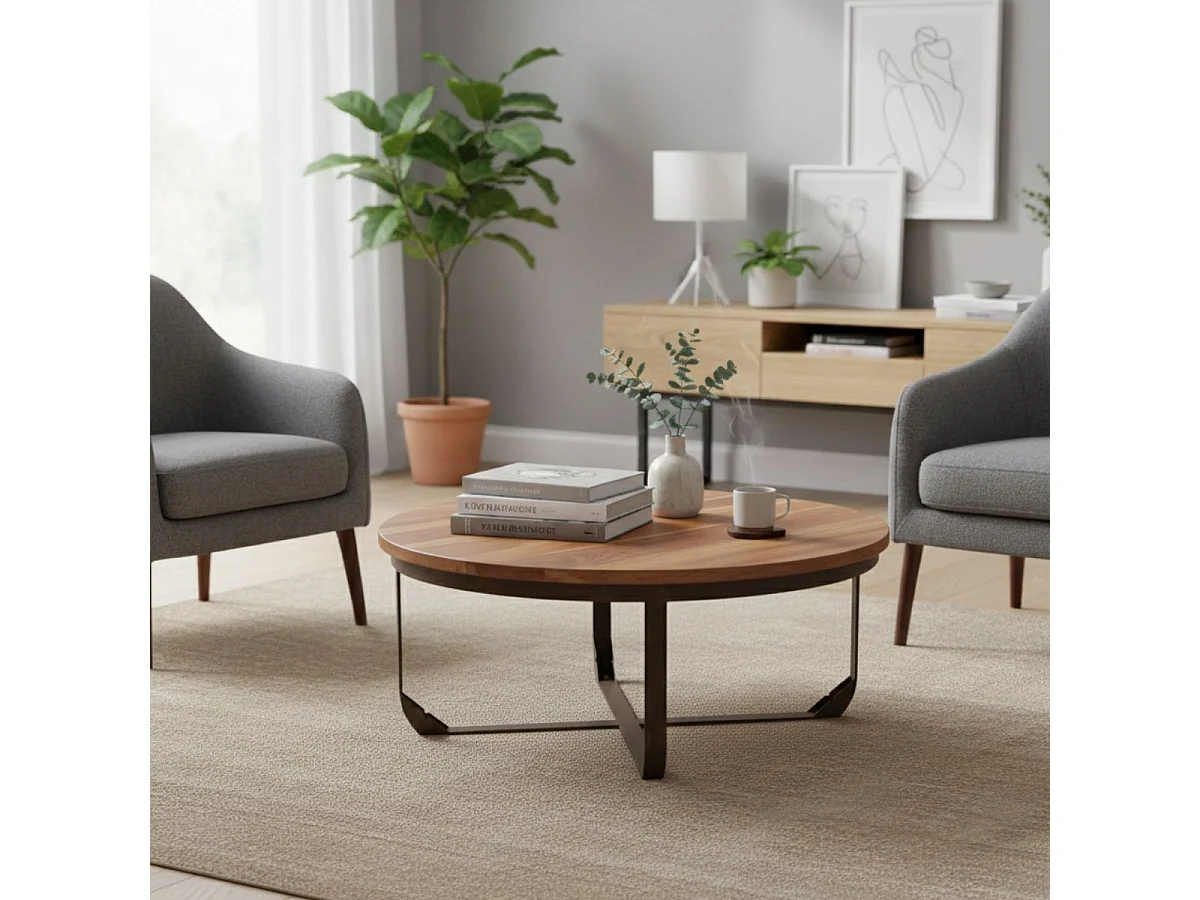 THARA - Table Basse Ronde Plateau en Bois de Recyclé et Pied en Acier