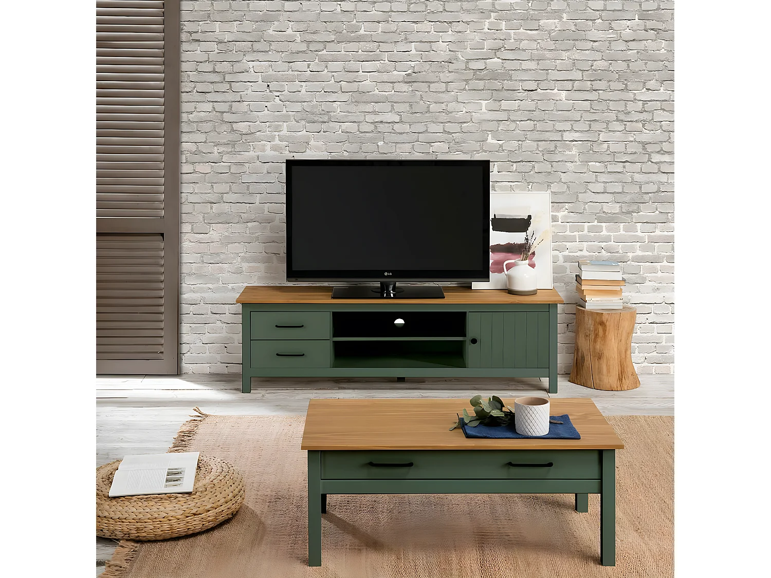 TINA - Table Basse Rectangulaire 1 Tiroir Bois Ciré et Vert