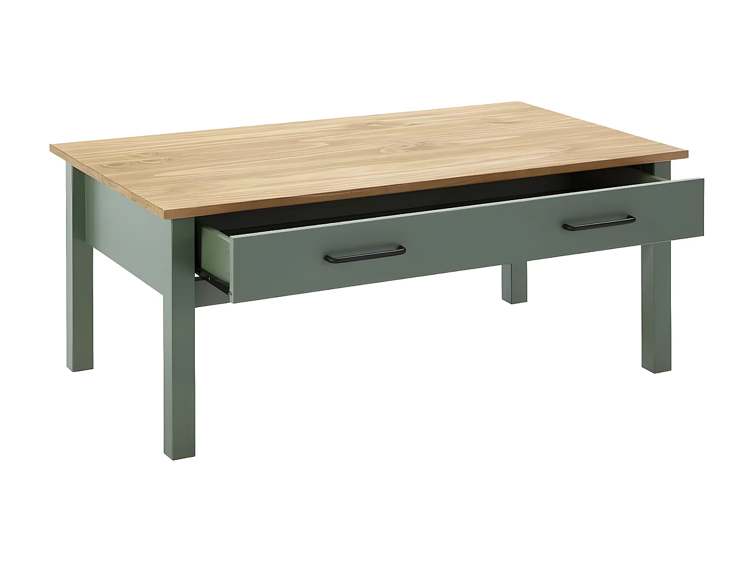 TINA - Table Basse Rectangulaire 1 Tiroir Bois Ciré et Vert