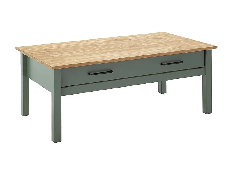 TINA - Table Basse Rectangulaire 1 Tiroir Bois Ciré et Vert