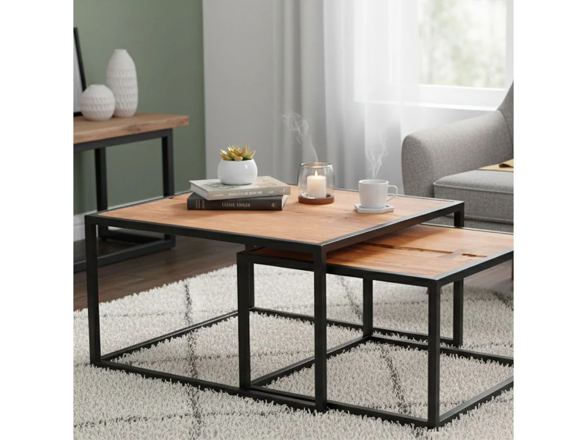 GHITA - Lot de 2 Tables Basses Gigognes Métal et Bois