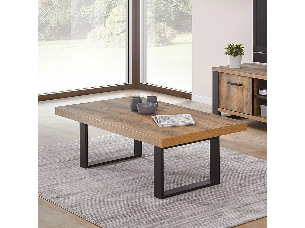 KORA - Table Basse Aspect Bois Piètement U Métal Poudré Noir