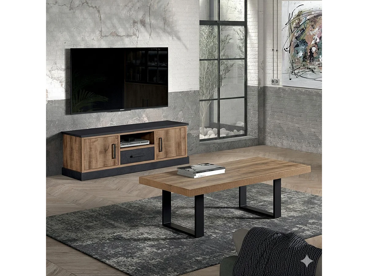 JENNA - Table Basse Aspect Bois Piètement U Métal Poudré Noir