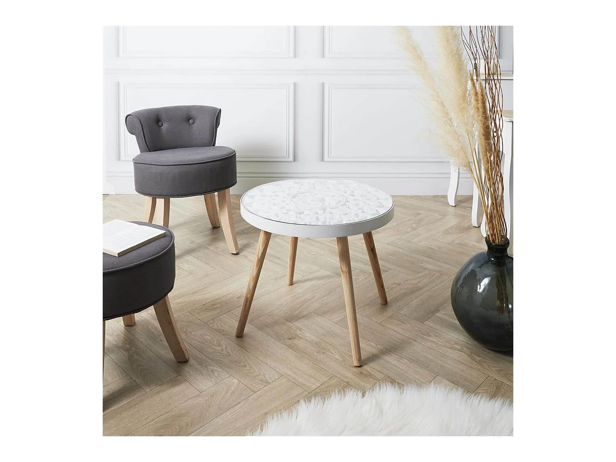 MANDALA - Table Basse Ø50cm Motif Floral et Verre trempé
