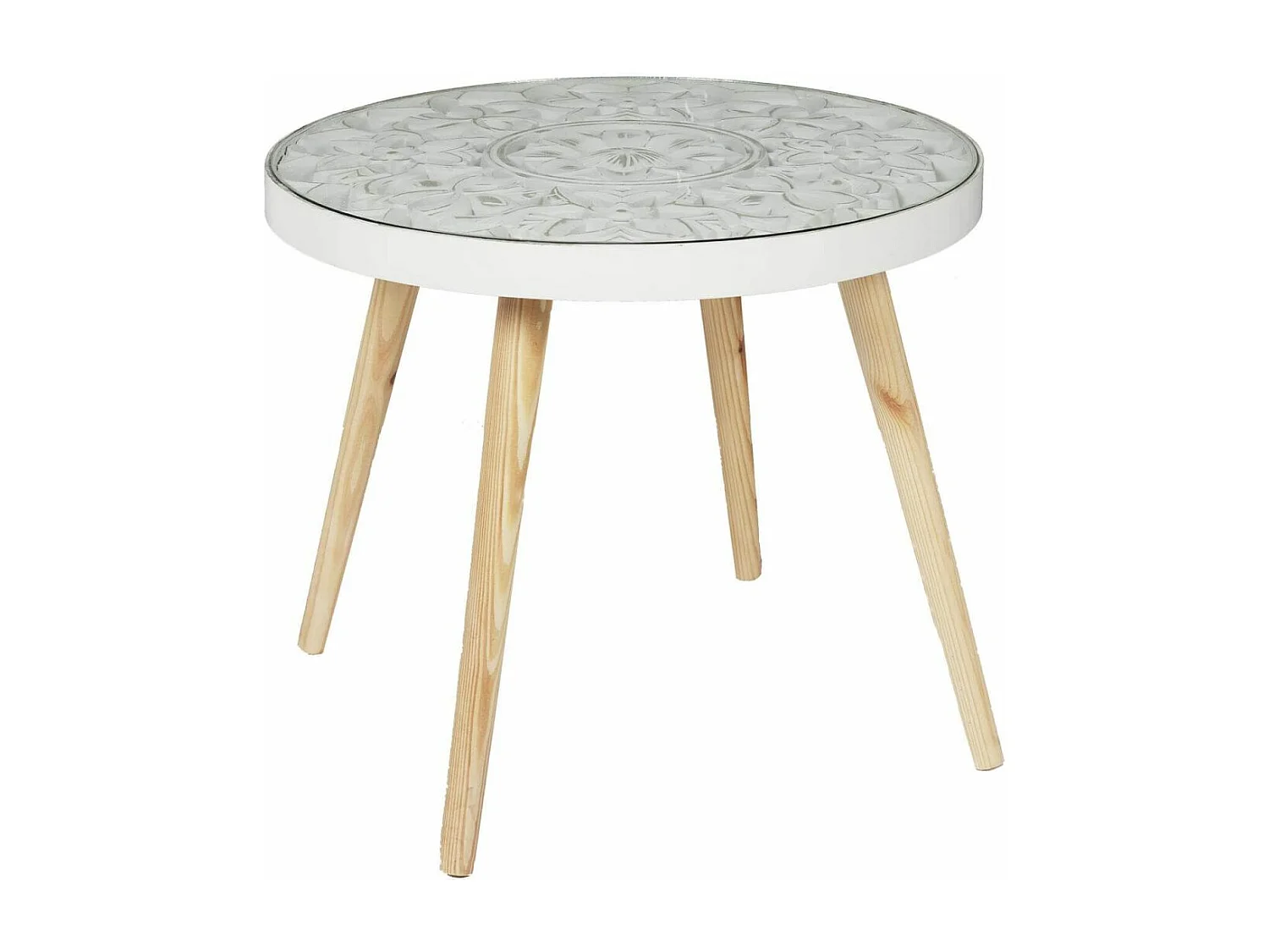 MANDALA - Table Basse Ø50cm Motif Floral et Verre trempé