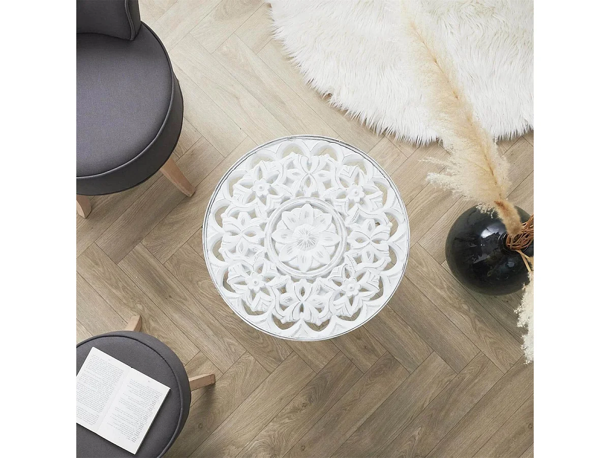 MANDALA - Table Basse Ø50cm Motif Floral et Verre trempé