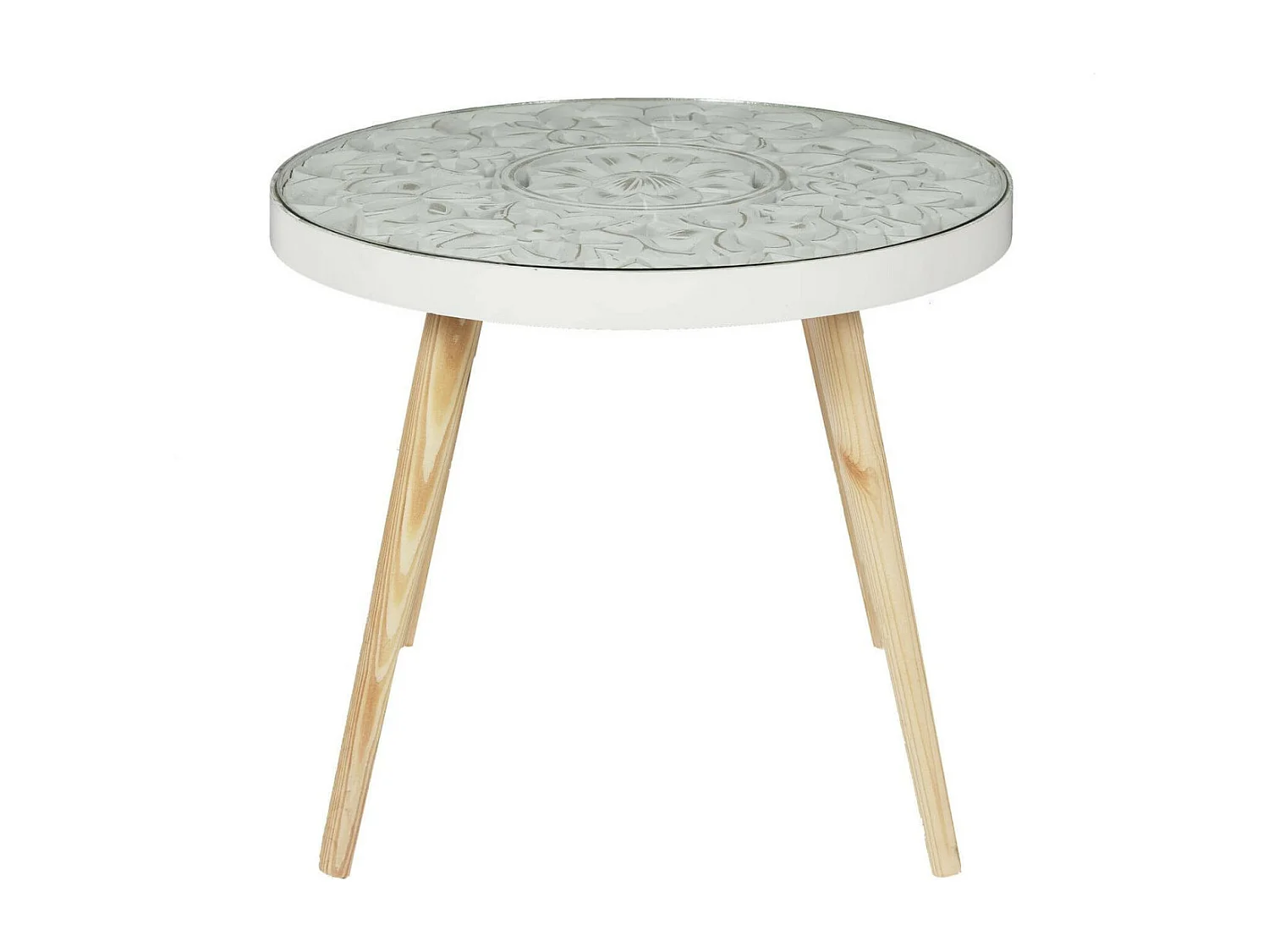 MANDALA - Table Basse Ø50cm Motif Floral et Verre trempé