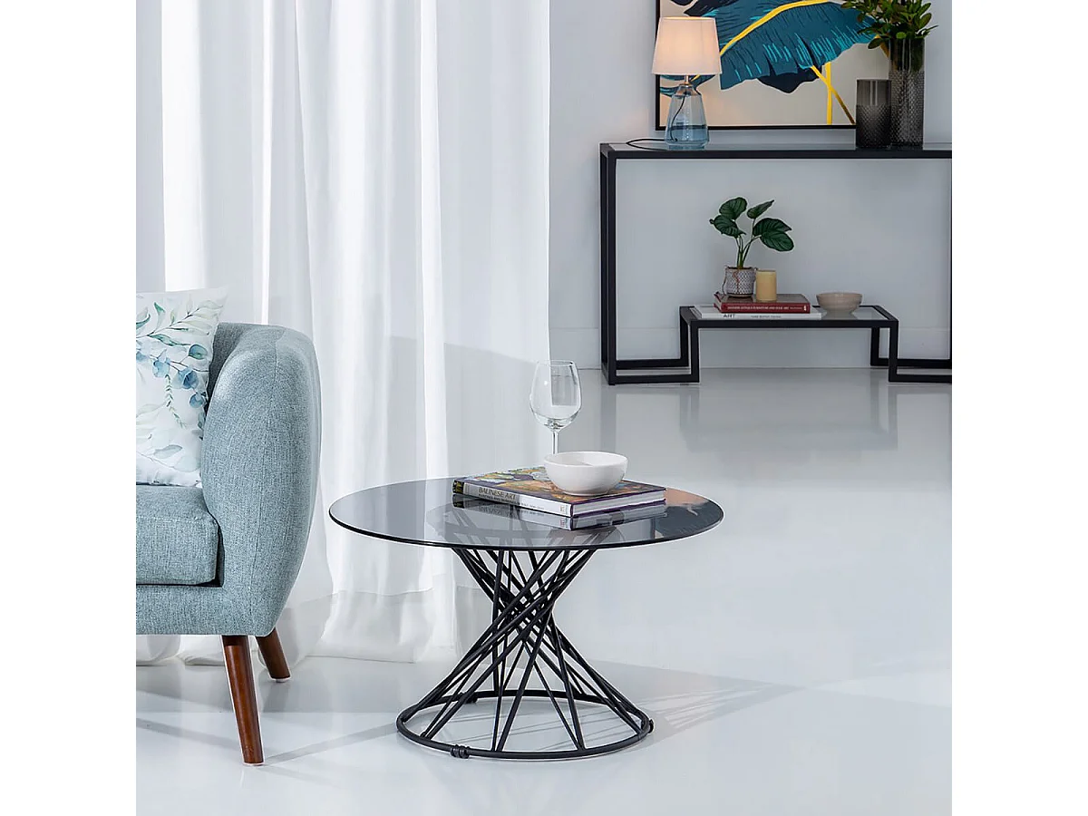 FIGET - Table Basse Ronde Plateau Verre et Pieds Acier